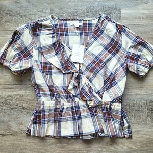 Free Assembly fixed wrap plaid puff sleeve top Medium